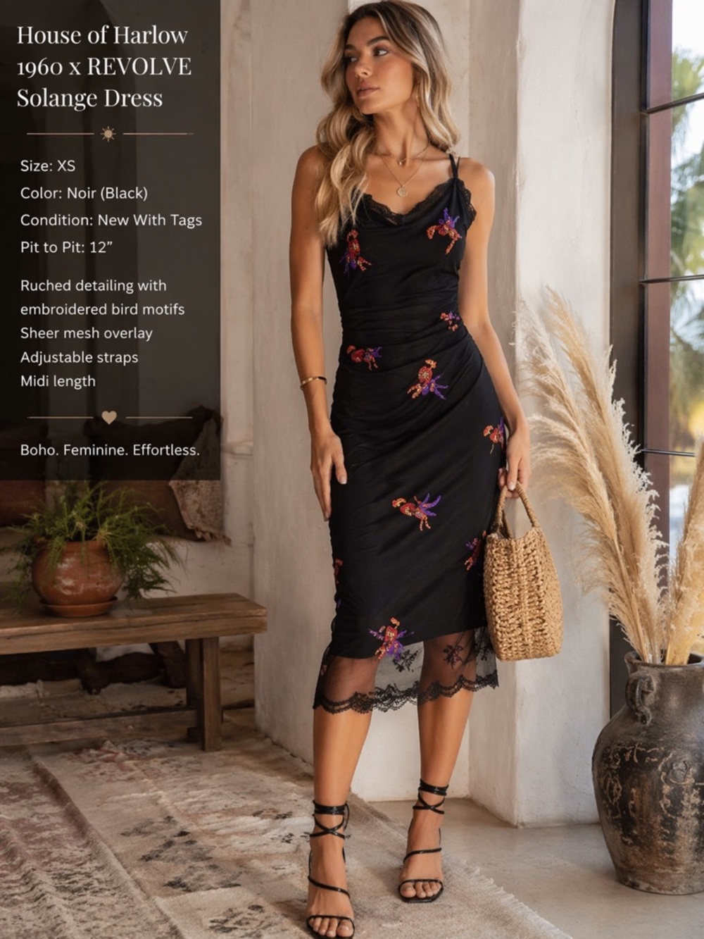 House of Harlow 1960 x REVOLVE Solange Dress XS Noir Embroidered Birds Ruched NW